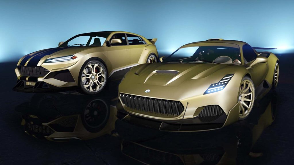 La voiture Corsita dans GTA Online avec la peinture caméléon GTA+ "Perle champagne anodisé" sur sa carrosserie et ses jantes.