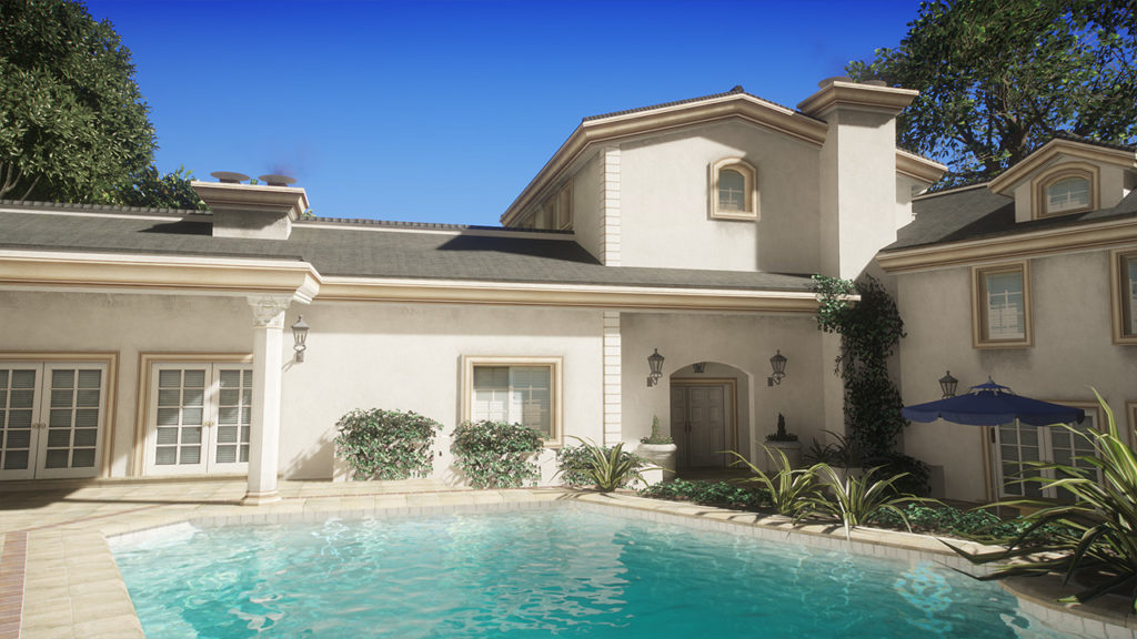 Villa aux murs blancs, où certains reflètent la lumière du soleil. La piscine au premier plan, reflète la villa dans son eau, grâce à la technologie du Ray Tracing.