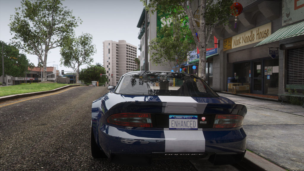 Une voiture Bravado Banshee garée, où sa carrosserie reflète les alentours du véhicule avec le Ray Tracing.