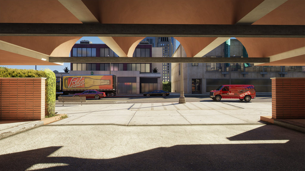 Vue depuis un auvent donnant sur une rue de GTA V. La luminosité dessous est particulièrement réussi, les ombres se reflètent au sol, tandis que le plafond a différent degrés de luminosité.