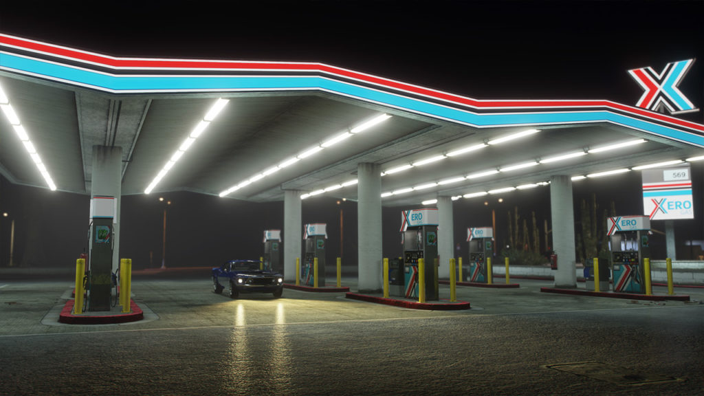 Vue d'une station service illuminant la nuit avec ses néons rouges et bleus, ainsi que ses lumières blanches.