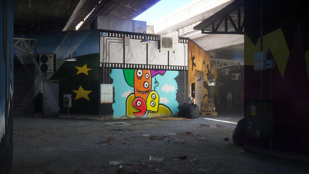 Image de sous l'autoroute aérienne qui traverse le centre de Los Santos, l'image met en avant l'éclairage sur la fresque murale colorée.