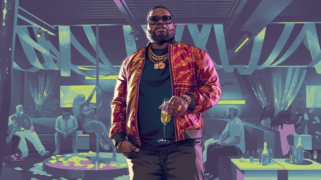 Artwork n°1 de Boobie Ike dans sa boîte de nuit, verre de champagne à la main