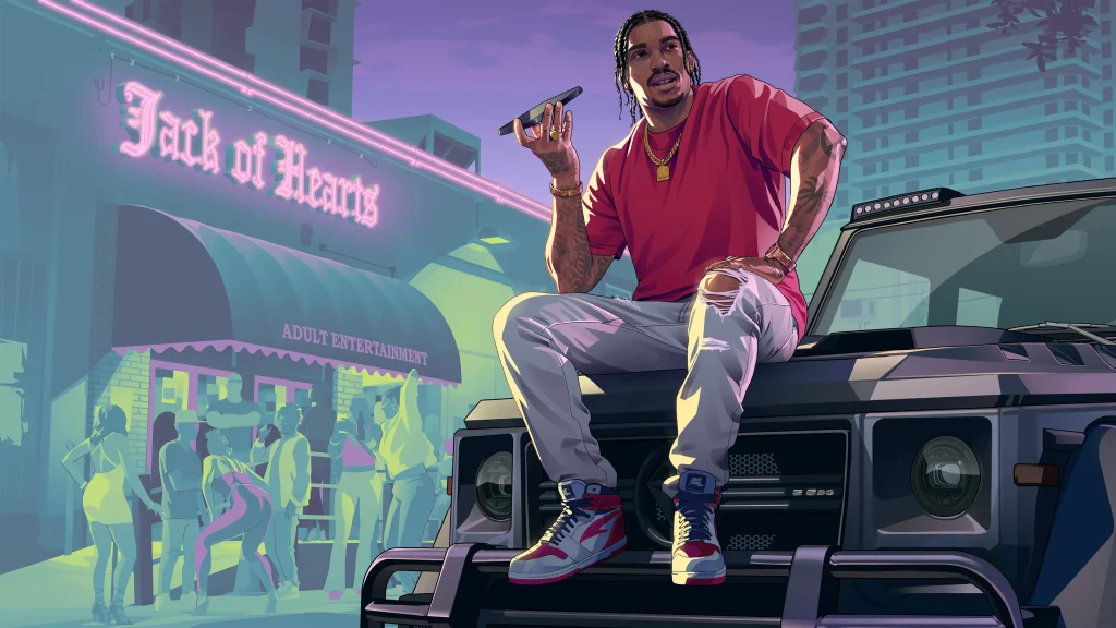 Artwork n°1 de Dre’Quan Priest, le musicien est assis sur le capot d'une voiture de type SUV, tout en parlant au téléphone.