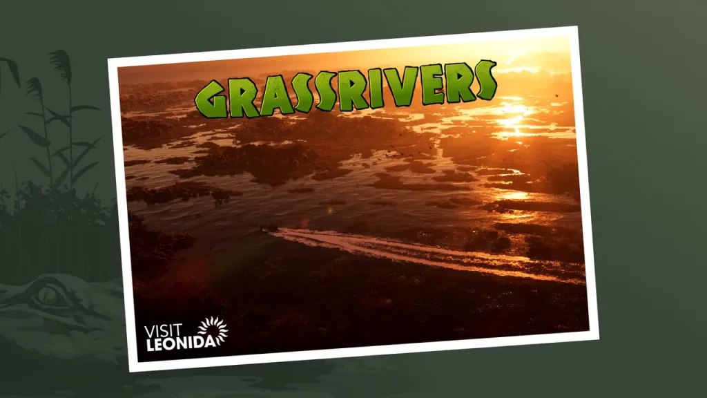 Artwork en forme de carte postale de Grassrivers, une zone marécageuse dans l'État de Leonida dans GTA 6.