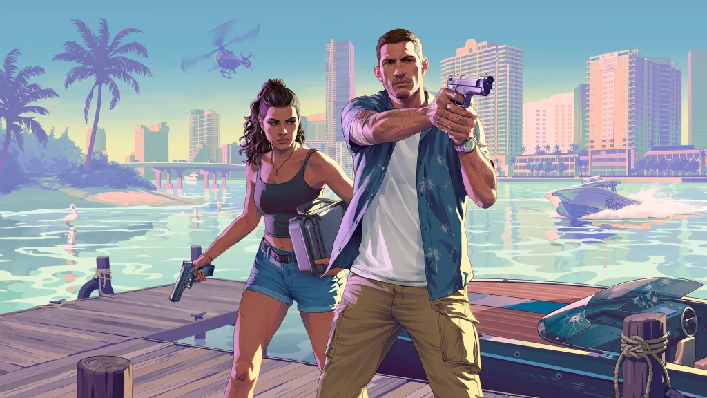 Artwork n°2 de Lucia Caminos et Jason Duval, sur un ponton en bois au bord de l'eau avec la ville de Vice City en arrière plan, ainsi qu'un bateau de police.