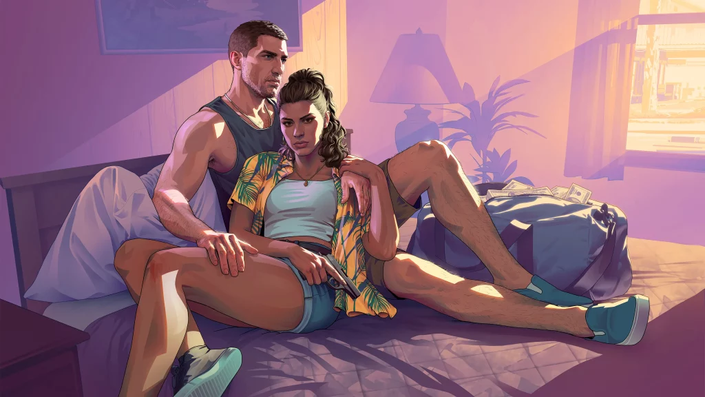 Artwork n°3 de Lucia Caminos et Jason Duval, s'enlaçant sur le lit d'un hôtel avec un sac de billets.
