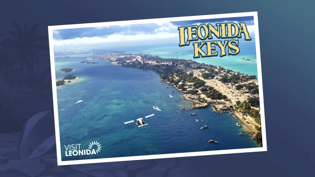 Artwork en forme de carte postale de la zone Leonida Keys, au sud de Vice City.