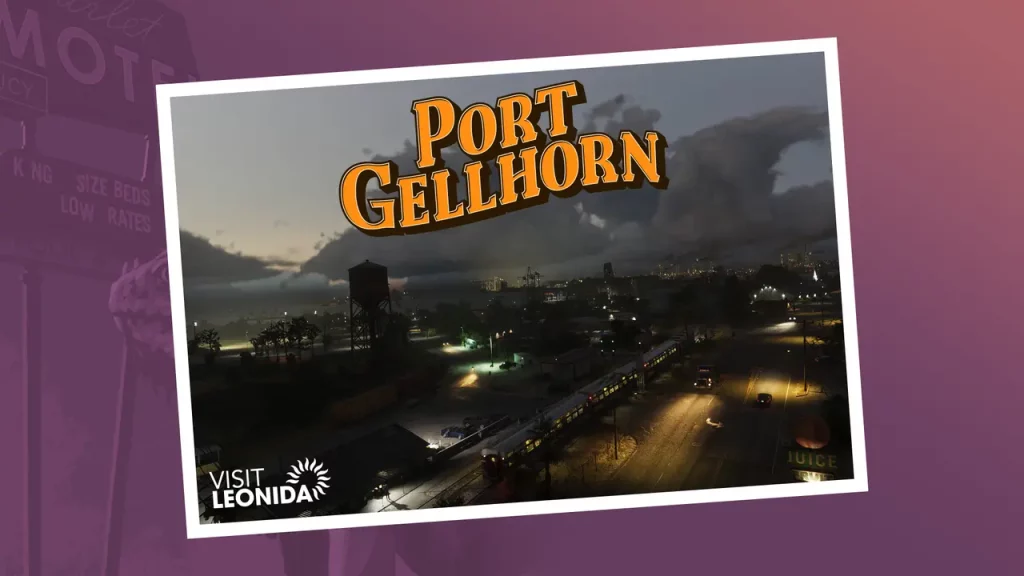 Artwork en forme de carte postale de la zone Port Gellhorn dans le jeu GTA VI.