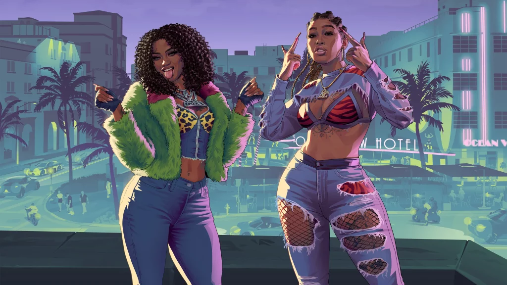 Artwork n°1 de Bae-Luxe et Roxy, alias Real Dimez. Elles posent en photo devant l'hôtel Ocean View.