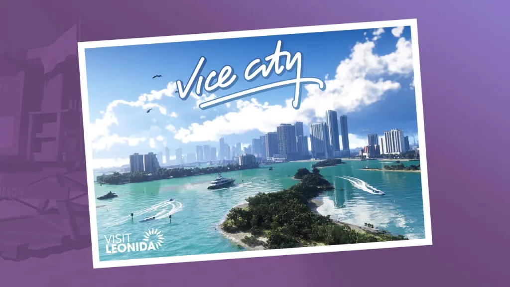 Artwork en forme de carte postale de la ville de Vice City.