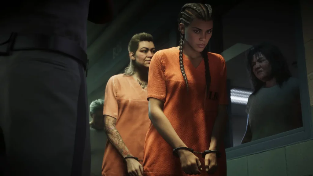 Lucia Caminos en combinaison orange en prison.