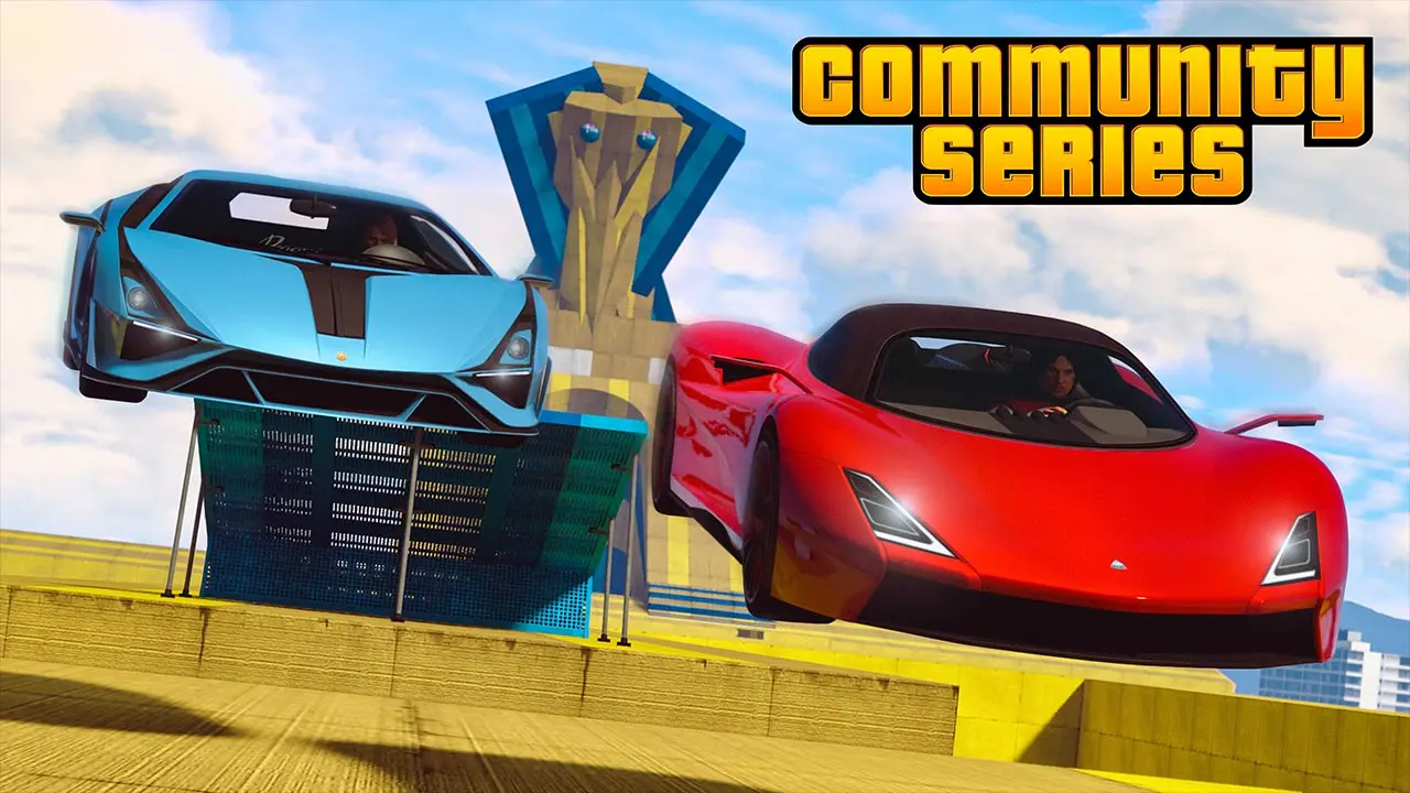 Deux voitures de type Super Car lors d'un saut effectué dans une course casse-cou créée par la communauté de GTA Online.