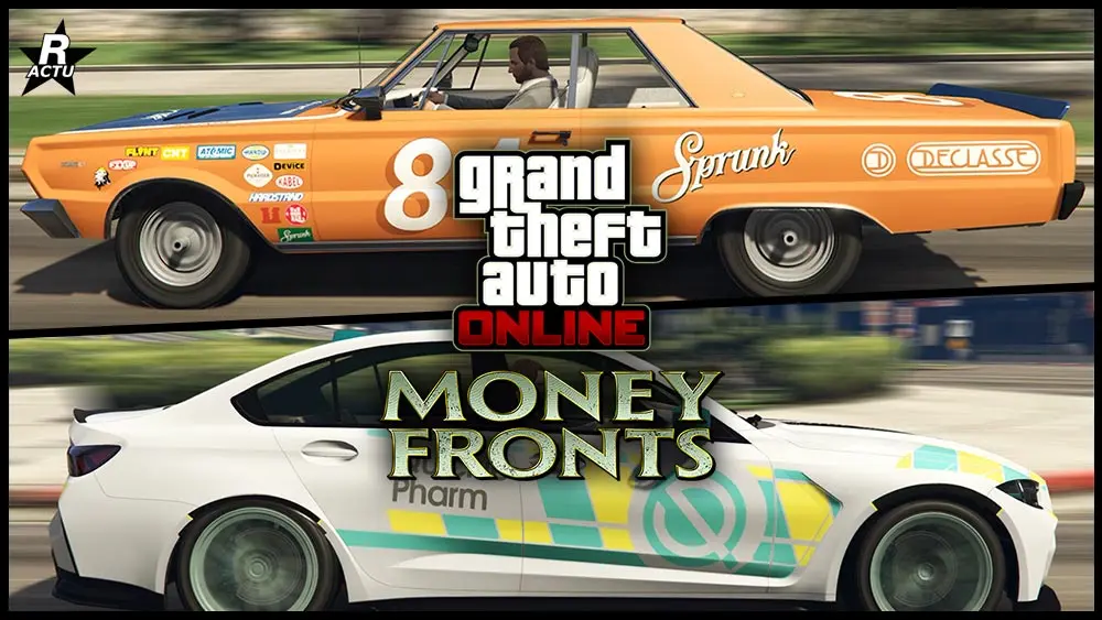 Deux voitures de la mise à jour de GTA Online qui a introduit le DLC Money Fronts, présentées avec une vue latérale. Il s'agit des véhicules Ubermacht Sentinel GTS et Declasse Tampa GT