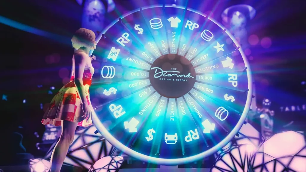 Une joueuse de GTA Online entrain de tourner la roue de la fortune du Diamond Casino.