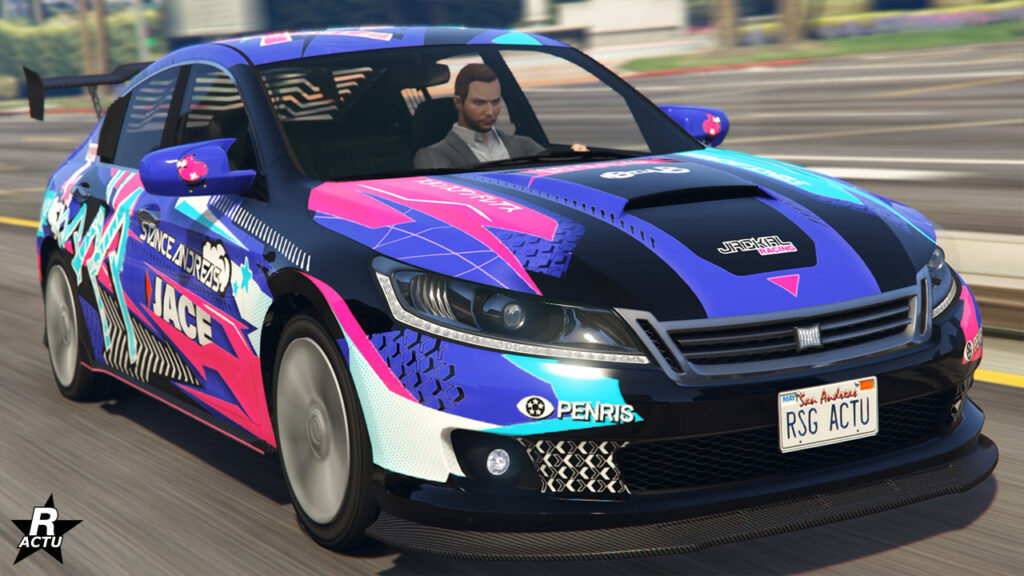 Vue frontale de la Chavos V6, elle est peinte en mauve avec des décalcomanies japonaises roses et cyans dans le thème du drift.