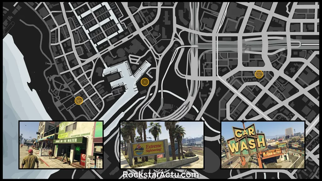 Carte de Los Santos donnant les emplacements des différents business de la mise à jour Argent sale et affaires propres de GTA Online