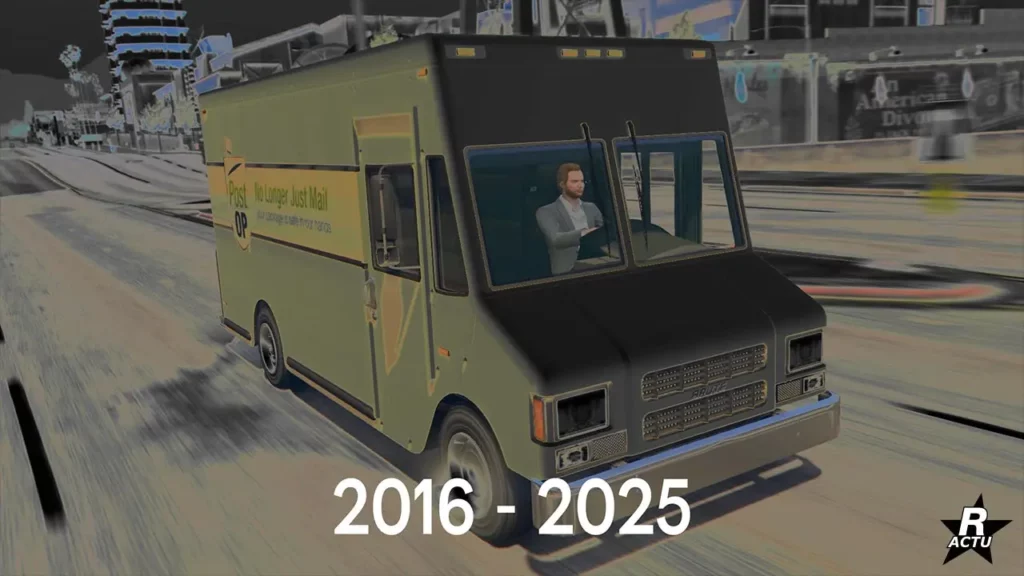 Le fourgon de la poste avec un effet noire et blanc, et l'inscription"2016 - 2025".