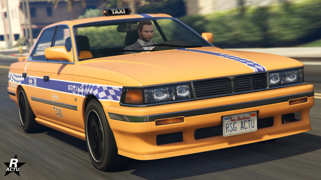 Face avant de la berline Annis Hardy en mode taxi de couleur jaune.