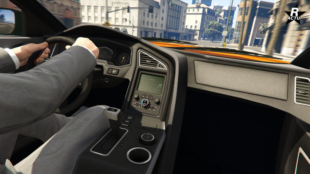L'habitacle de la berline Minimus dans GTA Online. Certains contours de la console centrale sont fait de fibres de carbone.