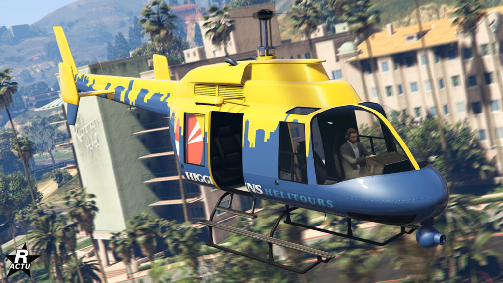 L'avant de l'hélicoptère Buckingham Maverick dans sa déclinaison jaune "Higgins Helitours"