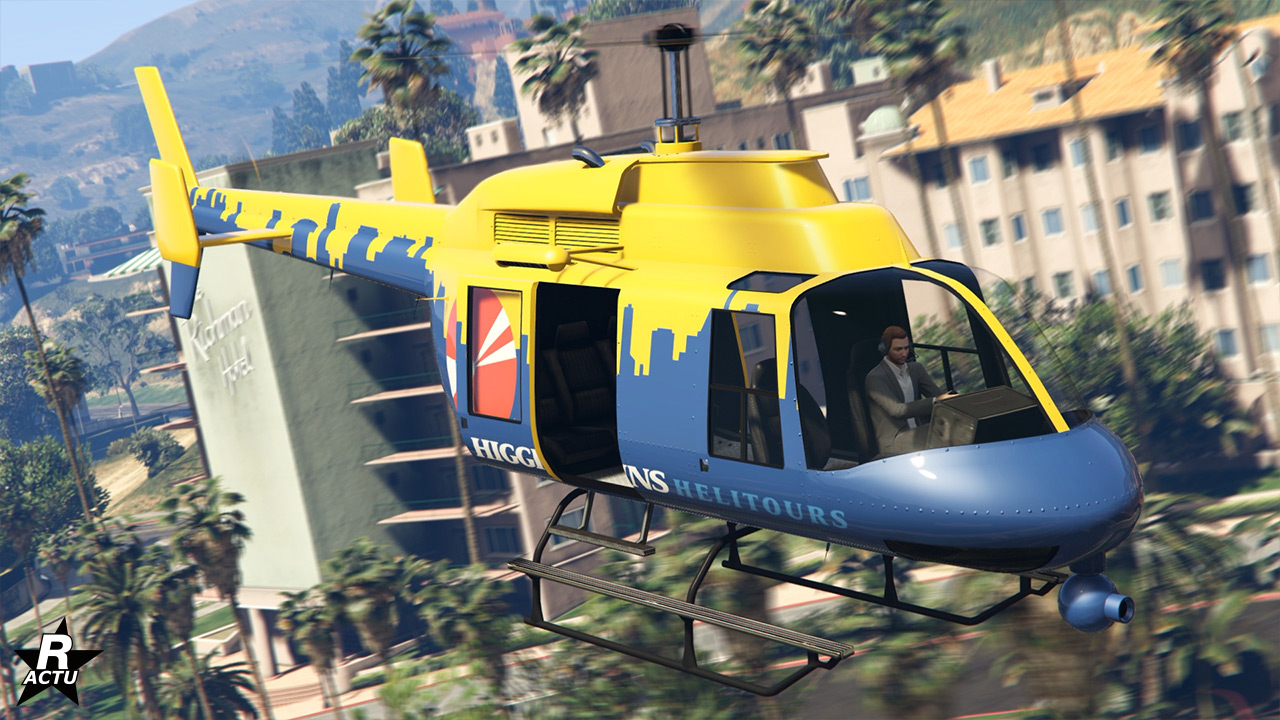 L'avant de l'hélicoptère Buckingham Maverick dans sa déclinaison jaune "Higgins Helitours"