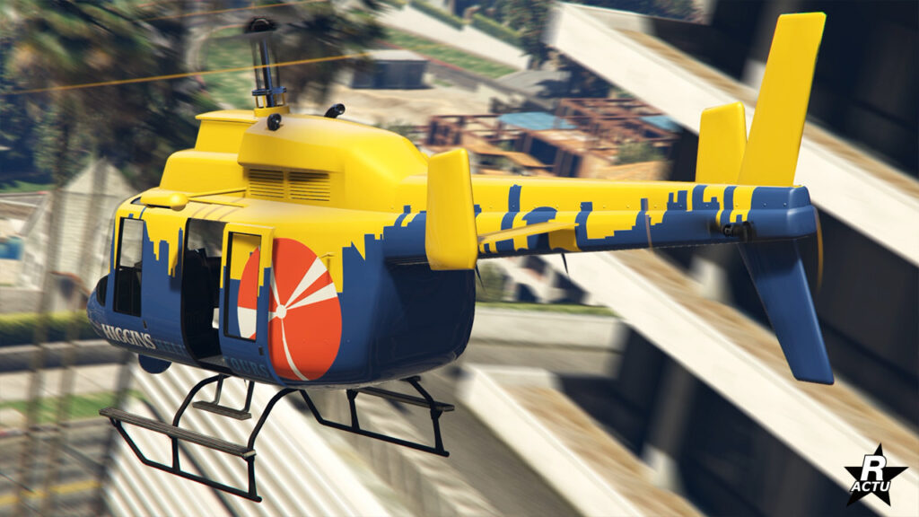 Image de l'arrière de l'hélicoptère Buckingham Maverick de Higgins Helitours. La carlingue est de couleur jaune avec l'autocollant de la compagnie aérienne.