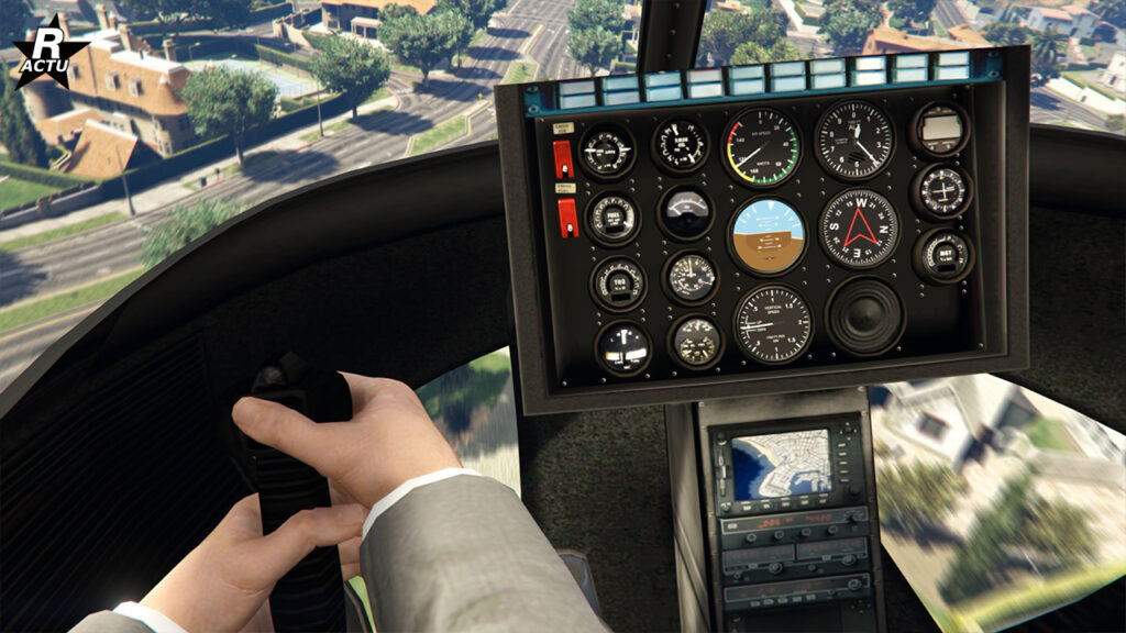 Point de vue du pilote tenant le manche et regardant les différentes données du cockpit.