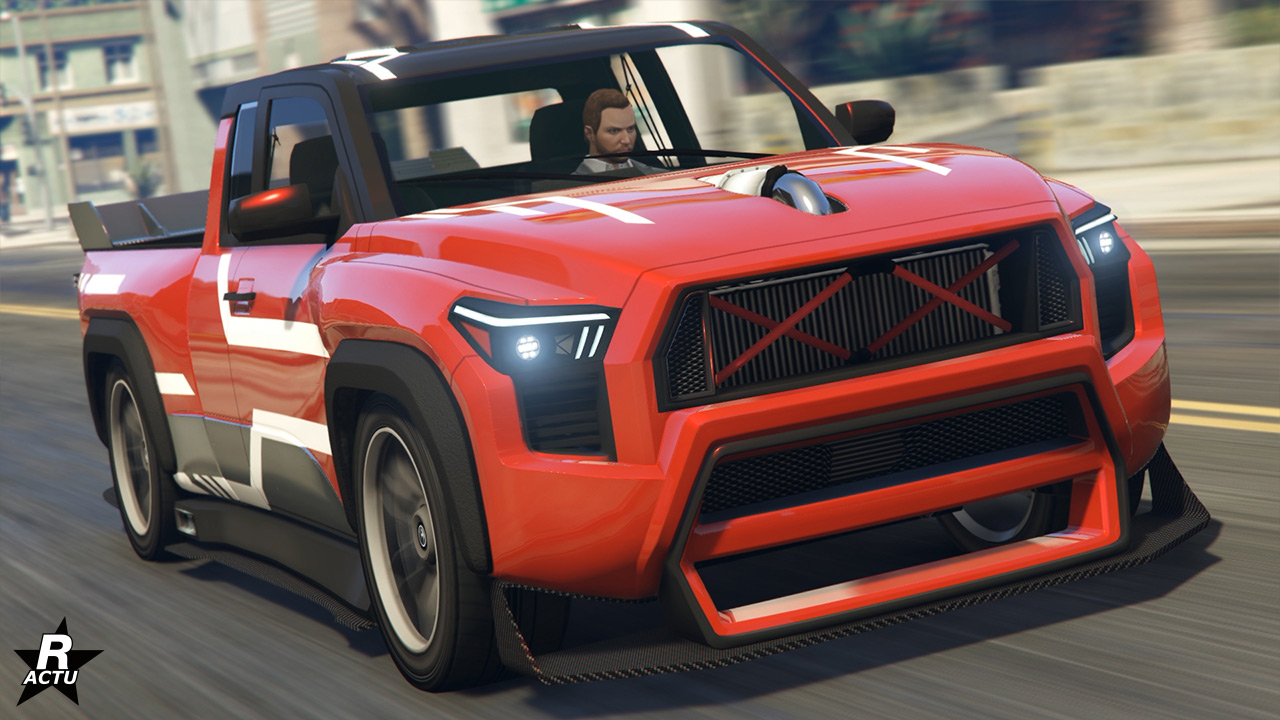 Vue frontale du Karin Everon RS peint en rouge, sa calandre est retirée.