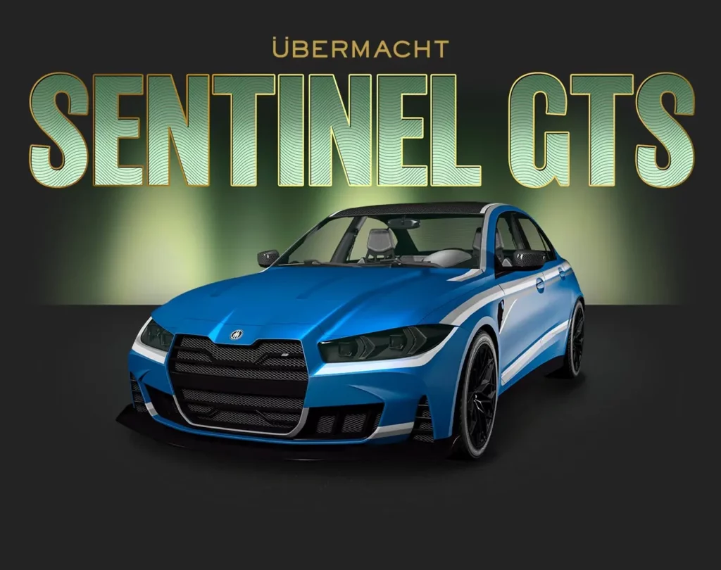 Vue avant de la sportive Übermacht Sentinel GTS, sa carrosserie est peinte en bleue
