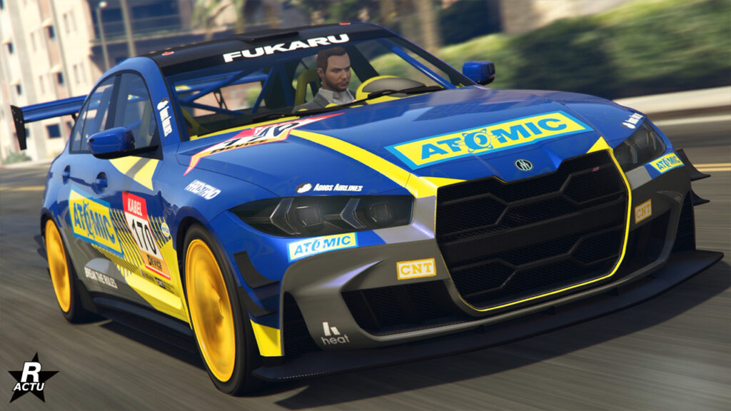 Voiture de sport allemande Ubermacht Sentinel GTS avec sa carrosserie peinte en bleue. Des autocollants de course recouvrent le bolide un peu partout.