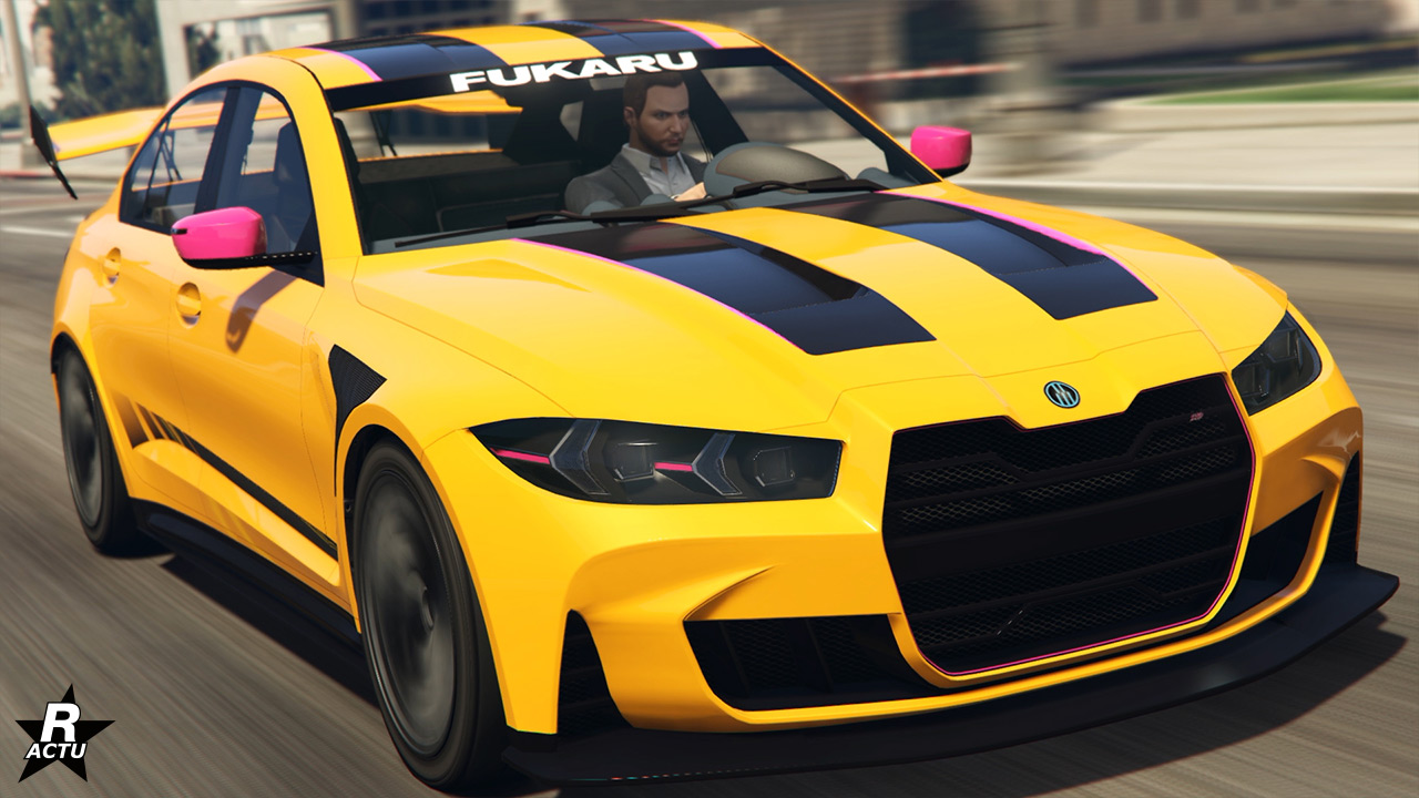 Vue frontale de la voiture de sport au look agressif, Ubermacht Sentinel GTS. Elle est peinte en jaune, deux bandes noires traversent le capot et le toit verticalement.