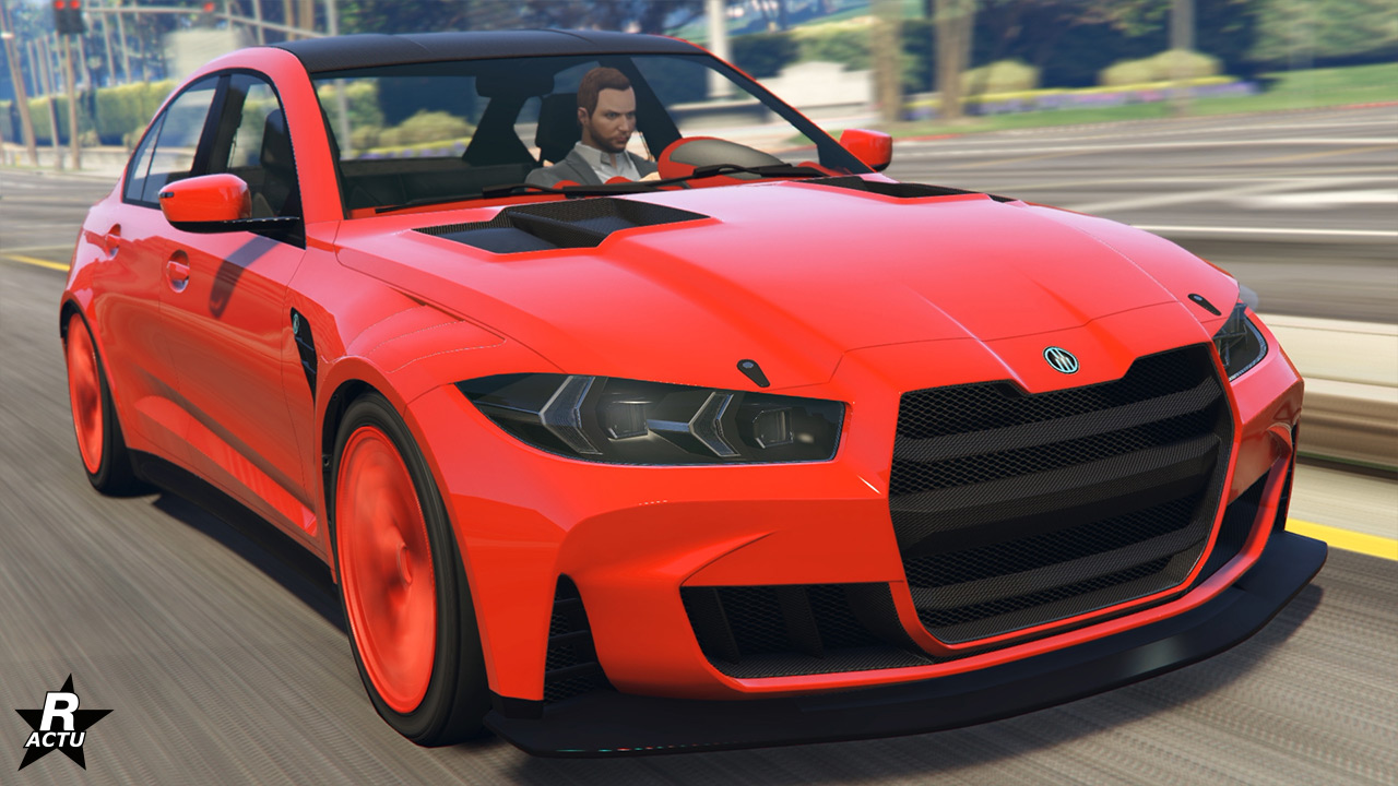 Le véhicule allemand est intégralement peint en rouge dans cette vue avant, à l'exception de son toit qui est de couleur noir.