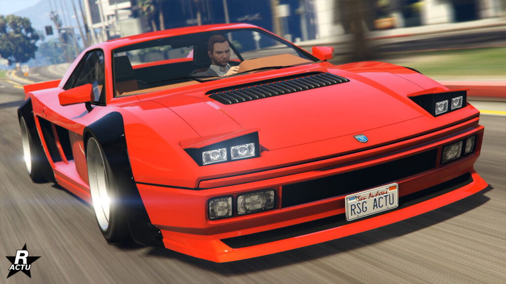 Vue frontale de la voiture italienne Grotti LSCM Cheetah Classique dans le jeu vidéo GTA Online. Le véhicule qui s'inspire d'une Ferrari de collection est peinte en jeu en rouge vif.