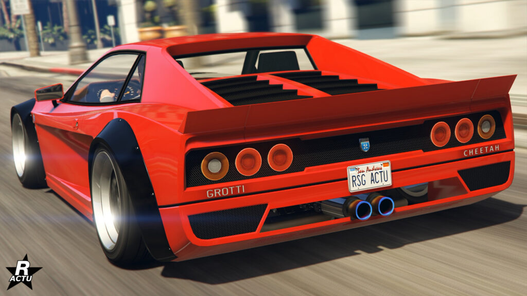Vue arrière de la Cheetah Clasique dans sa déclinaison customisée par le Los Santos Car Meet (LSCM), elle est peinte en rouge vif.