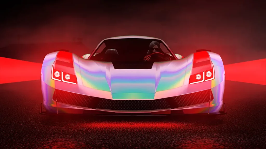 Vue de face de la voiture suédoise de type supersportive Överflöd Suzume dans GTA Online.