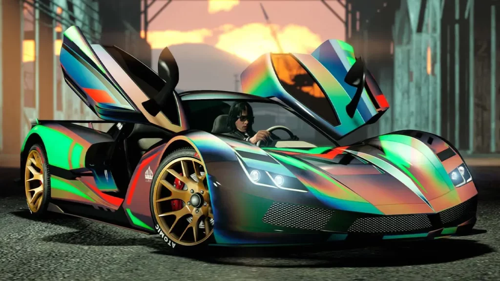 Image de la voiture de type supersportive Överflöd Suzume de la mise à jour Money Fronts de Grand Theft Auto Online, ses portes sont ouvertes en forme de papillon.