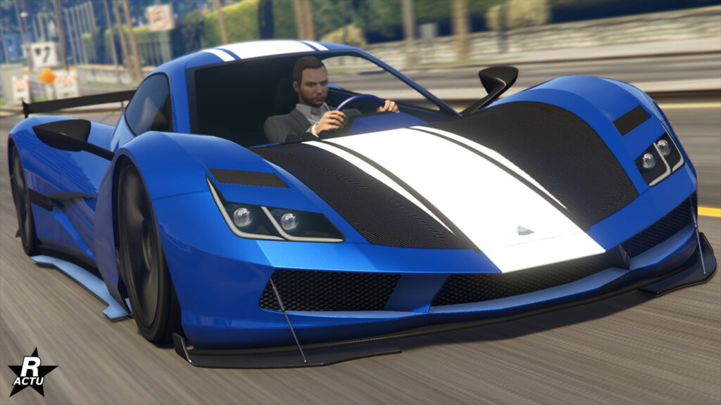L'avant de la voiture suédoise Overflod Suzume de couleur bleu dans GTA Online. Il s'agit d'un véhicule électrique de la mise à jour Money Fronts.