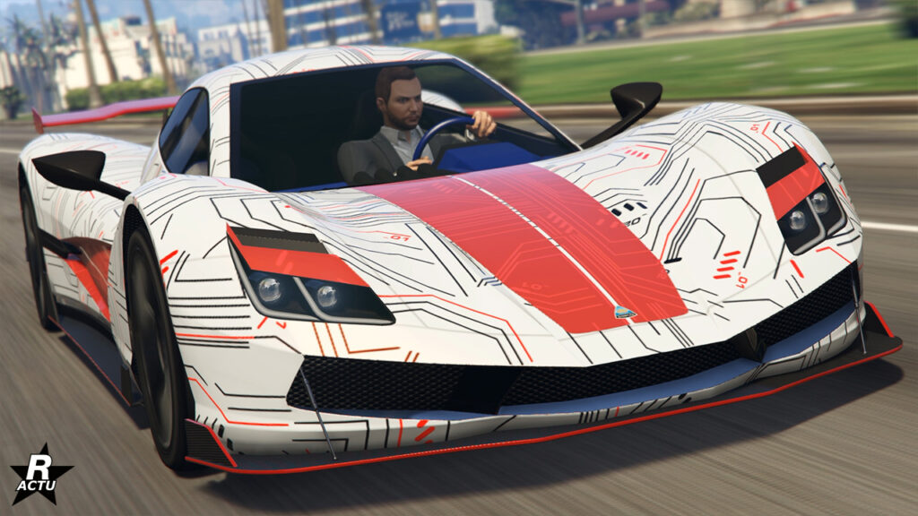 Vue avant de la voiture de type super car, Overflod Suzume, dans le jeu vidéo Grand Theft Auto Online de Rockstar Games. Elle est peinte en blanc avec un motif d'une double bande rouge verticale sur son capot, ainsi qu'un effet circuit imprimé sur le reste de la carrosserie.