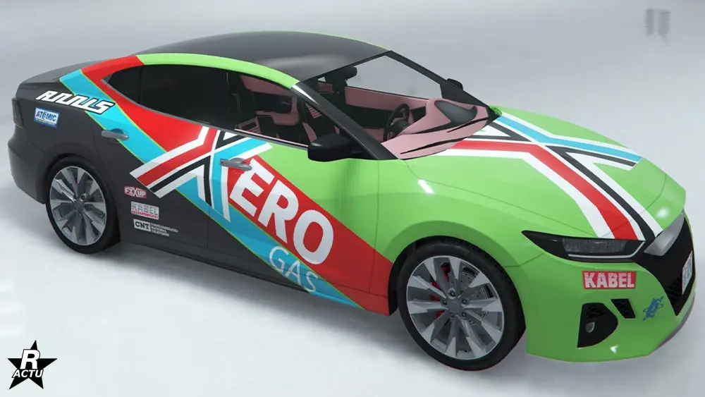 Motif "Course Xero" sur la carrosserie du Minimus. Il s'agit d'une décalcomanie de course automobile qui ajoute un grand autocollant de la marque "Xero" sur le capot, ainsi qu'un vinyle qui recouvre l'arrière du bolide avec des bandes larges de couleurs rouges, bleues et grises.