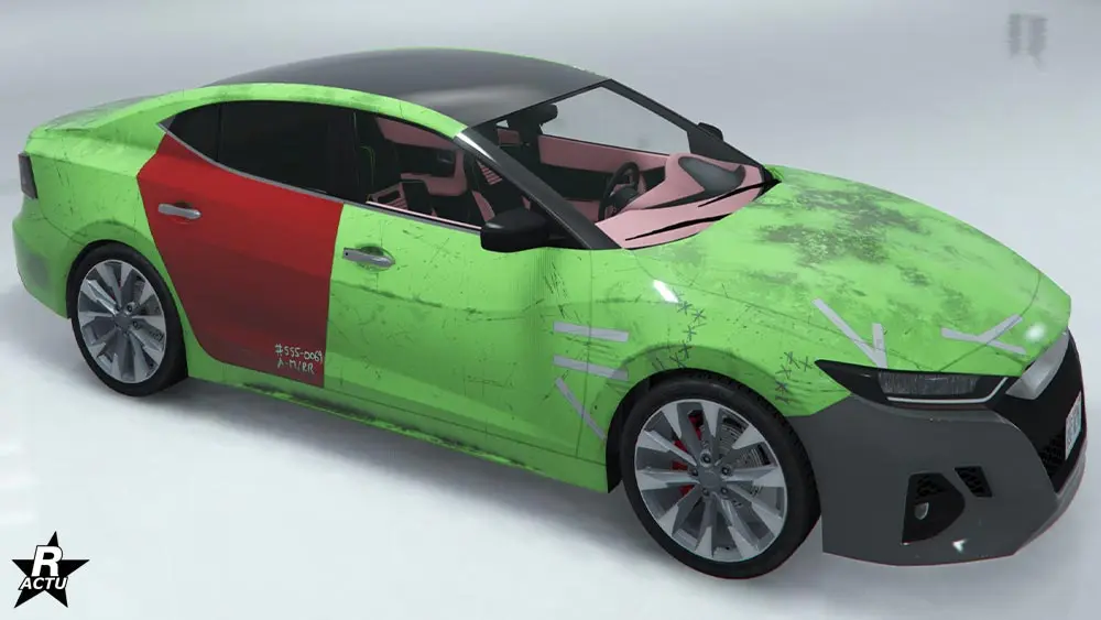 Motif "Grande énergie Minimus" qui ajoute un effet de carrosserie en mauvais état. La portière arrière est recouvert d'un autocollant rouge lui donnant un effet que la portière a été remplacée. Des scotchs sont présents pour soutenir le capot et les ailes latérales avant, tandis qu'un effet saleté recouvre une grande partie de la carrosserie.