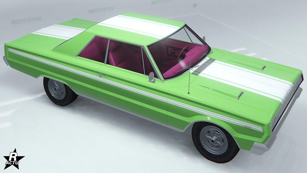 Motif "Bandes blanches" qui ajoute sur la carrosserie du véhicule, une décalcomanie d'une bande blanche verticale au centre du capot, toit et du coffre, ainsi qu'une seconde bande fine blanche sur les cotés latéraux.