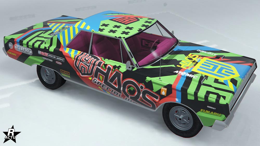Motif "Course HSW" qui ajoute diverses formes géométriques, noires, bleues et rouges sur la carrosserie du bolide, ainsi que le texte "HSW" en grand sur les ailes latérales.