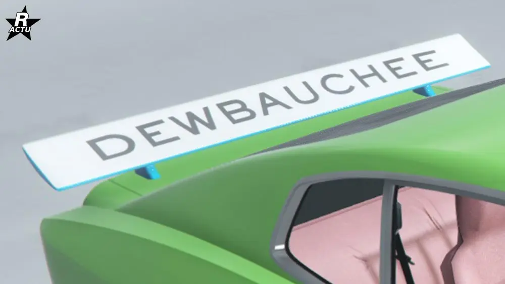 "Aileron Dewbauchee blanc" où le nom du constructeur est écrit en grand en noir sur fond blanc sur la partie supérieure de l'aileron.