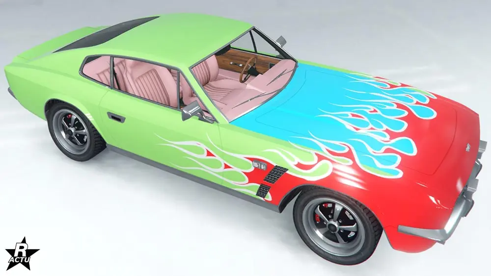 Motif "Hot Rod" où une décalcomanie de flammes rouges sur l'avant du capot et une partie des ailes avant est ajoutée sur la carrosserie de la voiture.