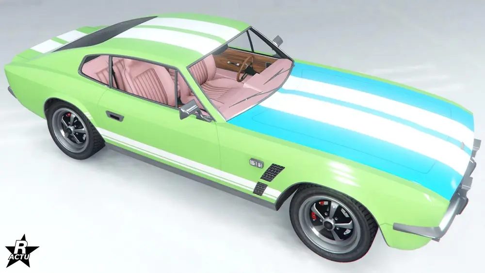 Motif "Rayures classiques blanches" sur la carrosserie du bolide de sport qui ajoute une décalcomanie d'une double bande blanche qui traverse verticalement le capot, le toit et coffre.