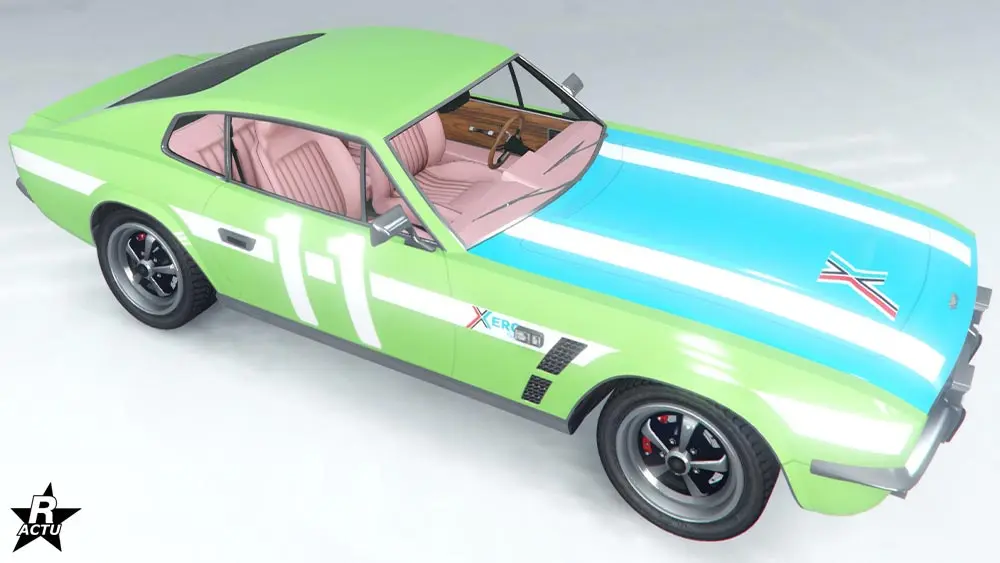 Groupe de décalcomanies "Xero Gas blanc" sur la Rapid GT Classique, où deux bandes blanches verticales se situent de chaque côtés du capot. Sur les ailes latérales, des autocollants de course automobile sont présents sur les portières, dont le numéro de course "11".
