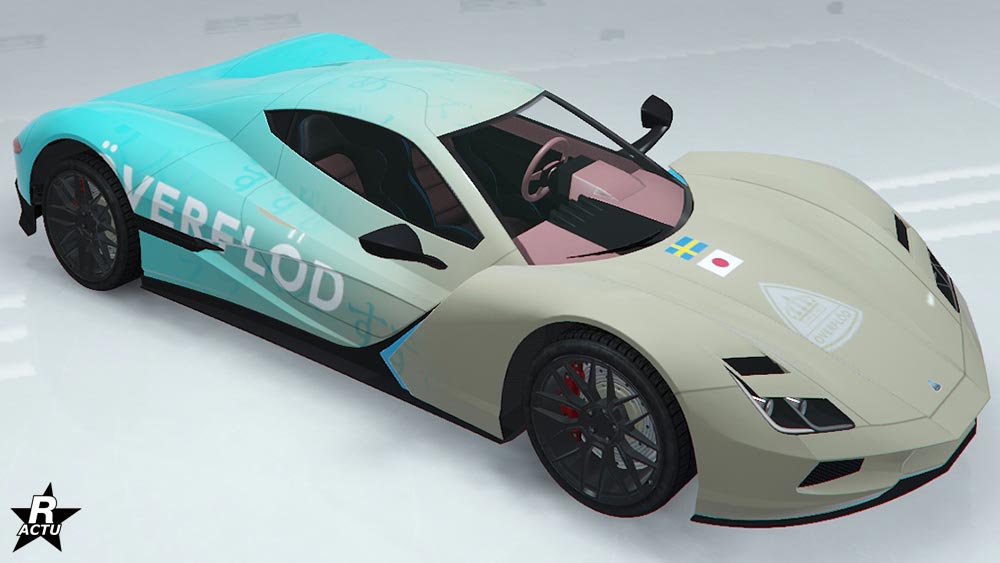 Skin "Dégradé Overflod" qui ajoute un dégradé de couleur sur la carrosserie de façon verticale. l'arrière est de couleur bleu cyan, tandis que l'avant est peinte en "couleur principale". Sur les cotés latéraux est inscrit "Overflod", le nom du constructeur de ce véhicule, et sur le capot, le logo en blanc de ce même constructeur. Au dessus de celui-ci se trouve les drapeaux Suédois et Japonais côte à côte.