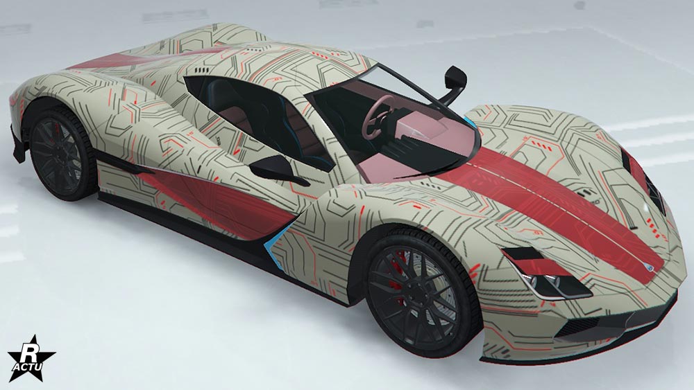 Motif "Tirs d'espion" sur le bolide suédois. Ce skin ajoute une double bande rouge verticale sur le capot et le coffre, ainsi qu'un effet circuit imprimé sur le reste de la carrosserie.