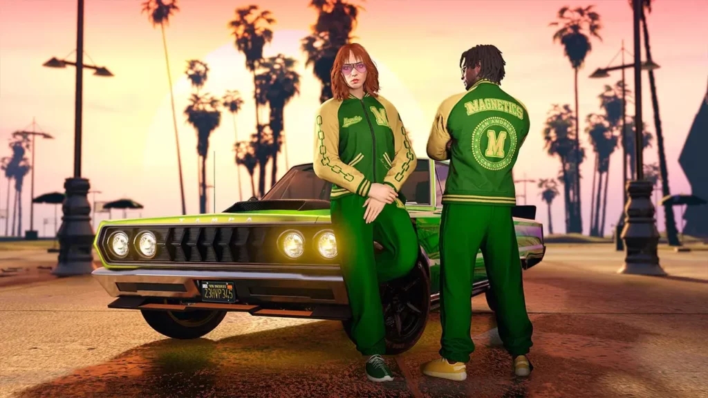 Deux personnages de GTA Online avec les vêtements GTA+ de juin 2025 sur eux : Blouson zippé Magnetics et le Jogging Magnetics
